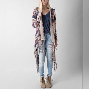 PAPER CRANE Striped Cardigan Sweater Size M Fringe Boho